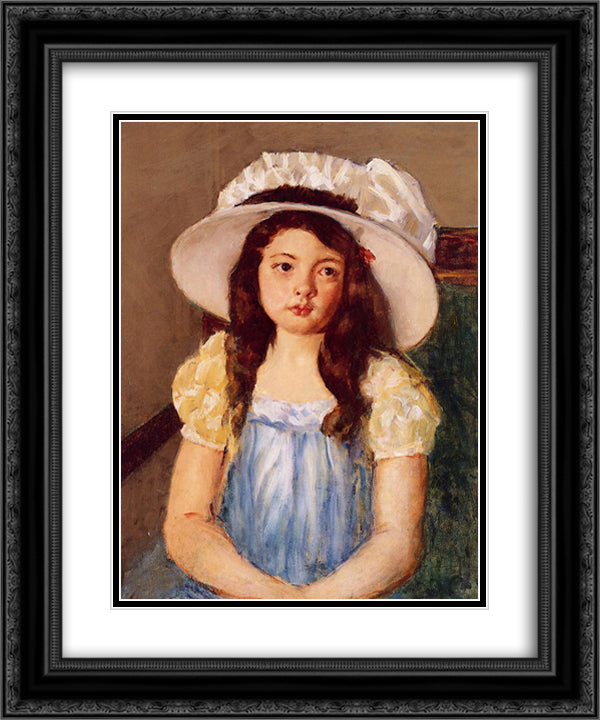 Francoise Wearing a Big White Hat 20x24 Black Ornate Wood Framed Art Print Poster with Double Matting by Cassatt, Mary