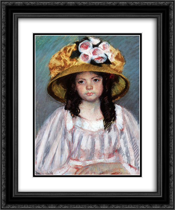 Girl In Large Hat 20x24 Black Ornate Wood Framed Art Print Poster with Double Matting by Cassatt, Mary