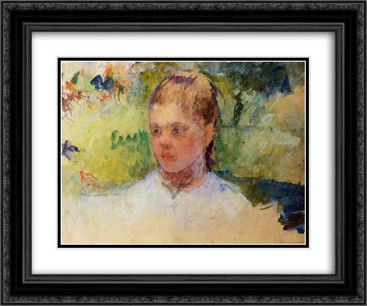 Girl`s Head Green Background 24x20 Black Ornate Wood Framed Art Print Poster with Double Matting by Cassatt, Mary