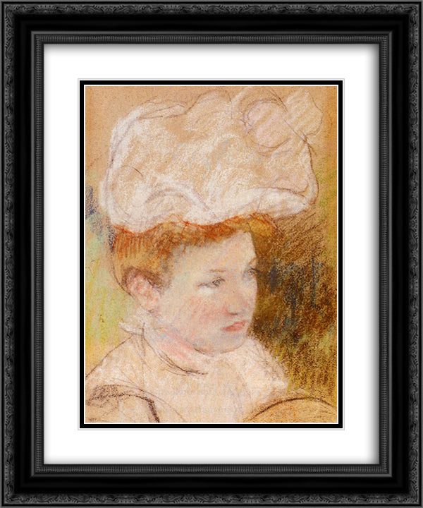 Leontine in a Pink Fluffy Hat 20x24 Black Ornate Wood Framed Art Print Poster with Double Matting by Cassatt, Mary