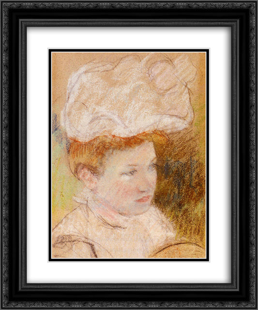 Leontine in a Pink Fluffy Hat 20x24 Black Ornate Wood Framed Art Print Poster with Double Matting by Cassatt, Mary