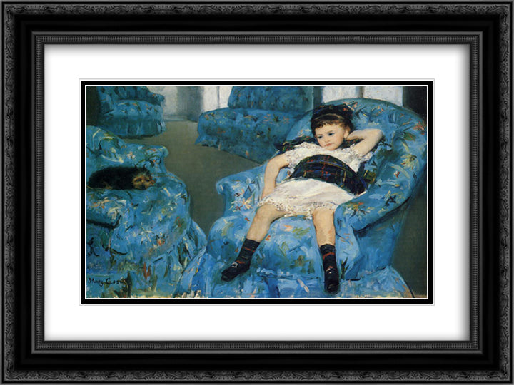 Little Girl in a Blue Armchair 24x18 Black Ornate Wood Framed Art Print Poster with Double Matting by Cassatt, Mary