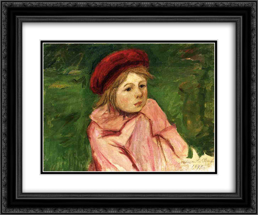 Little Girl in a Red Beret 24x20 Black Ornate Wood Framed Art Print Poster with Double Matting by Cassatt, Mary