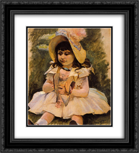 Little Girl with a Japanese Doll 20x22 Black Ornate Wood Framed Art Print Poster with Double Matting by Cassatt, Mary