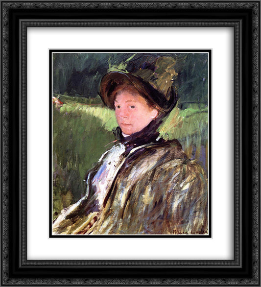 Lydia Cassatt in a Green Bonnet and a Coat 20x22 Black Ornate Wood Framed Art Print Poster with Double Matting by Cassatt, Mary