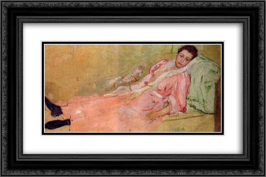 Lydia Reading on a Divan 24x16 Black Ornate Wood Framed Art Print Poster with Double Matting by Cassatt, Mary