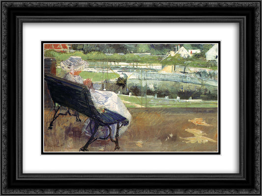 Lydia Sitting on a Porch, Crocheting 24x18 Black Ornate Wood Framed Art Print Poster with Double Matting by Cassatt, Mary