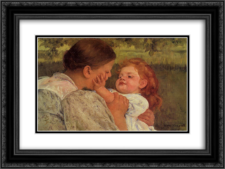 Maternal Caress 24x18 Black Ornate Wood Framed Art Print Poster with Double Matting by Cassatt, Mary