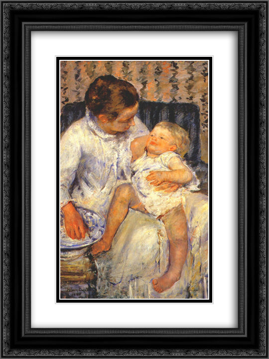 Mother about to Wash her Sleepy Child 18x24 Black Ornate Wood Framed Art Print Poster with Double Matting by Cassatt, Mary