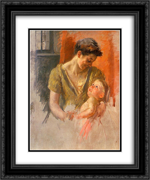 Mother and Child Smiling at Each Other 20x24 Black Ornate Wood Framed Art Print Poster with Double Matting by Cassatt, Mary