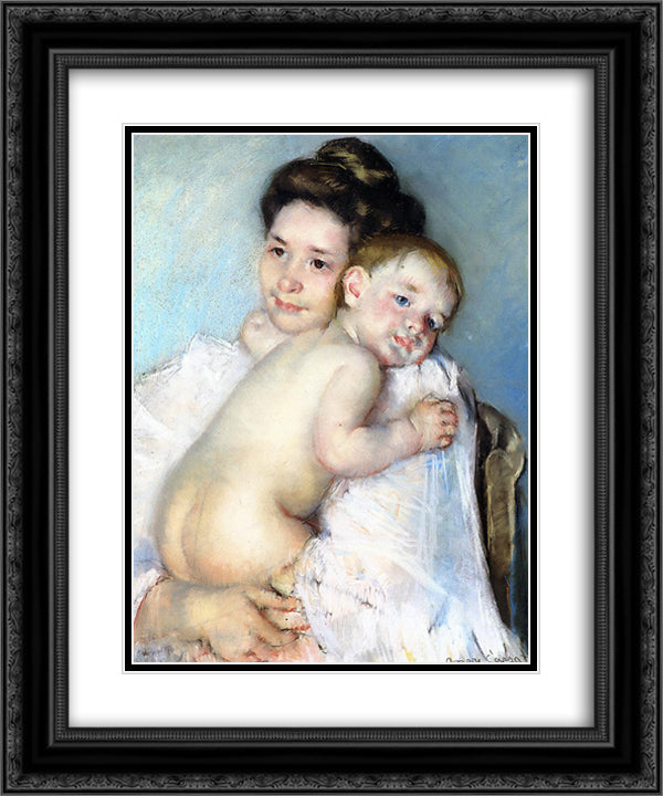 Mother Berthe Holding Her Baby 20x24 Black Ornate Wood Framed Art Print Poster with Double Matting by Cassatt, Mary