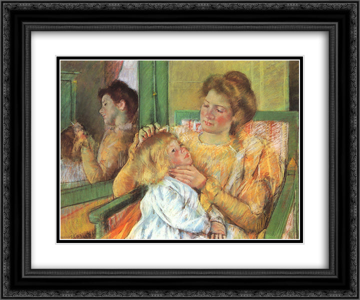 Mother Combing Her Child's Hair 24x20 Black Ornate Wood Framed Art Print Poster with Double Matting by Cassatt, Mary