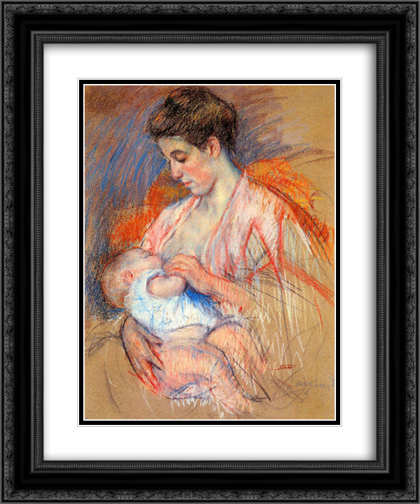 Mother Jeanne Nursing Her Baby 20x24 Black Ornate Wood Framed Art Print Poster with Double Matting by Cassatt, Mary