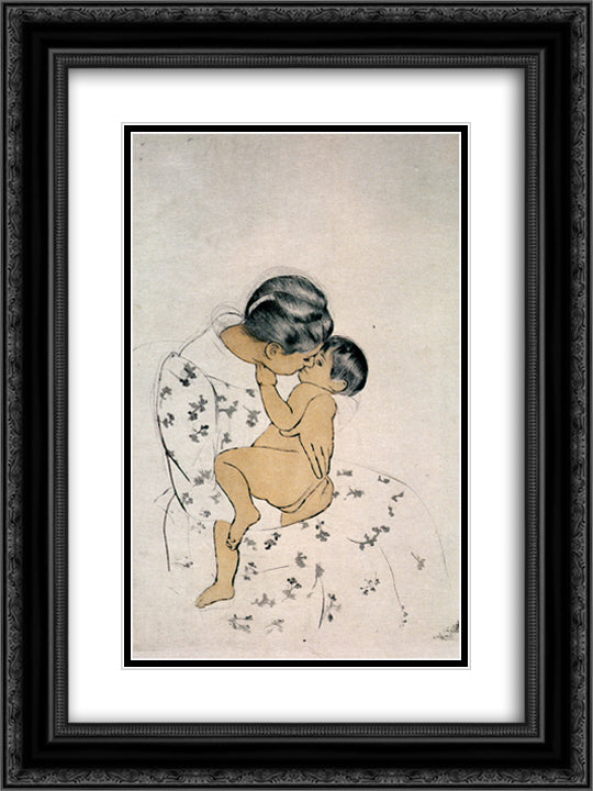 Mothers Kiss 18x24 Black Ornate Wood Framed Art Print Poster with Double Matting by Cassatt, Mary