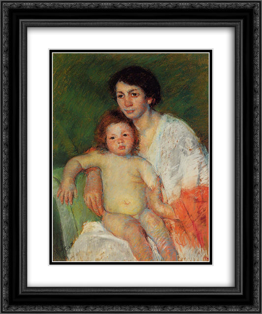 Nude Baby on Mother`s Lap Resting Her arm on the Back of the Chair 20x24 Black Ornate Wood Framed Art Print Poster with Double Matting by Cassatt, Mary