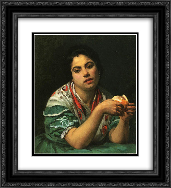 Peasant Woman Peeling an Orange 20x22 Black Ornate Wood Framed Art Print Poster with Double Matting by Cassatt, Mary