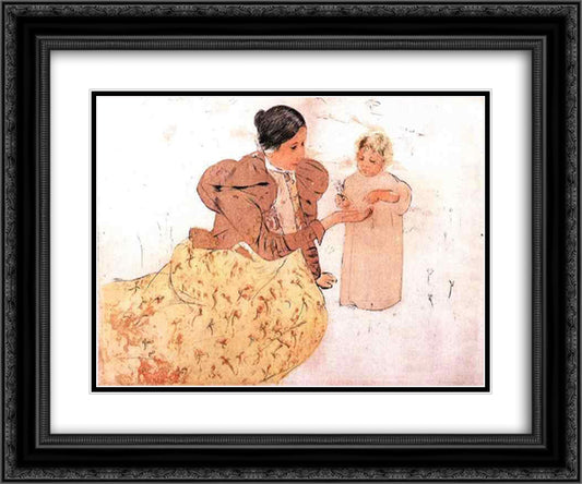 Picking Daisies in a Field 24x20 Black Ornate Wood Framed Art Print Poster with Double Matting by Cassatt, Mary