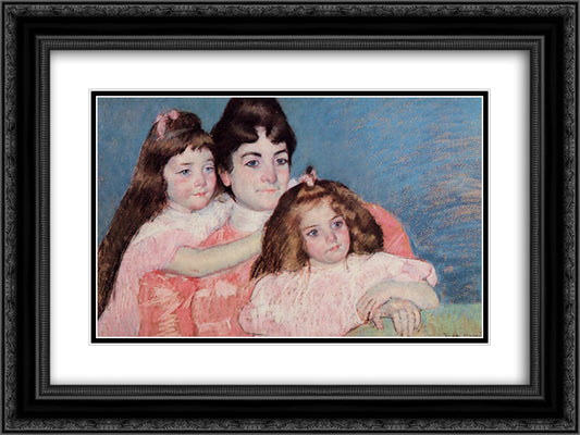 Portrait of Madame A. F. Aude and Her Two Daughters 24x18 Black Ornate Wood Framed Art Print Poster with Double Matting by Cassatt, Mary