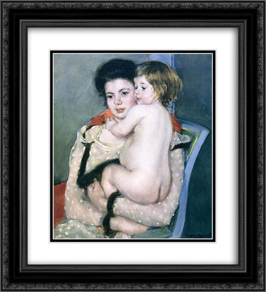 Reine Lefebvre Holding a Nude Baby 20x22 Black Ornate Wood Framed Art Print Poster with Double Matting by Cassatt, Mary