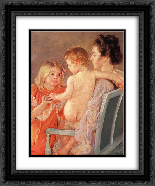 Sara Handing a Toy to the Baby 20x24 Black Ornate Wood Framed Art Print Poster with Double Matting by Cassatt, Mary