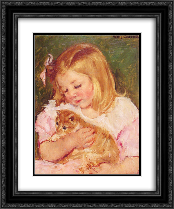 Sara Holding A Cat 20x24 Black Ornate Wood Framed Art Print Poster with Double Matting by Cassatt, Mary