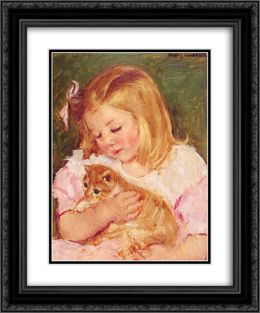 Sara Holding A Cat 20x24 Black Ornate Wood Framed Art Print Poster with Double Matting by Cassatt, Mary