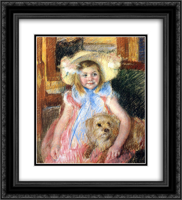 Sara in a Large Flowered Hat Looking Right Holding Her Dog 20x22 Black Ornate Wood Framed Art Print Poster with Double Matting by Cassatt, Mary
