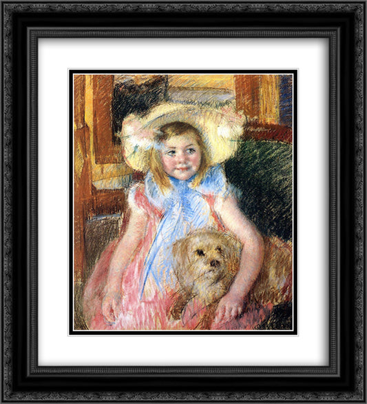 Sara in a Large Flowered Hat Looking Right Holding Her Dog 20x22 Black Ornate Wood Framed Art Print Poster with Double Matting by Cassatt, Mary