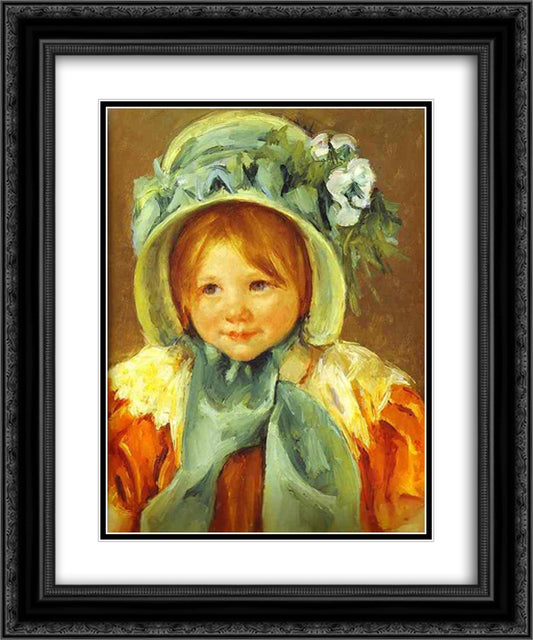 Sarah in a Green Bonnet 20x24 Black Ornate Wood Framed Art Print Poster with Double Matting by Cassatt, Mary