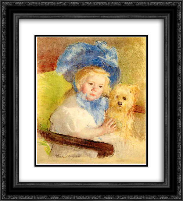 Simone in a Large Plumed Hat, Seated, Holding a Griffon Dog 20x22 Black Ornate Wood Framed Art Print Poster with Double Matting by Cassatt, Mary