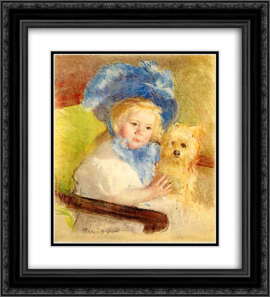 Simone in a Large Plumed Hat, Seated, Holding a Griffon Dog 20x22 Black Ornate Wood Framed Art Print Poster with Double Matting by Cassatt, Mary
