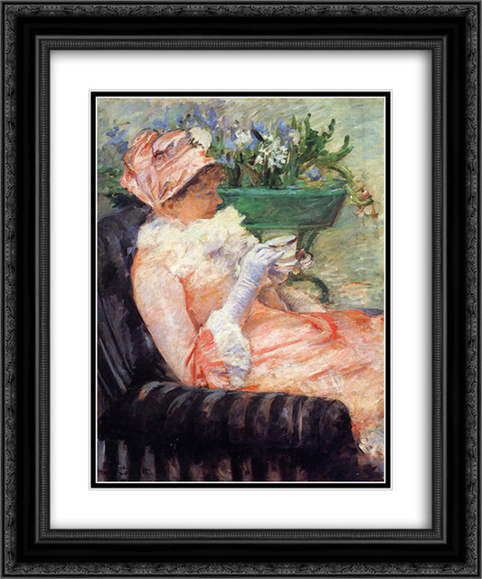The Cup of Tea 20x24 Black Ornate Wood Framed Art Print Poster with Double Matting by Cassatt, Mary