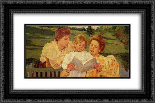 The Gden Reading 24x16 Black Ornate Wood Framed Art Print Poster with Double Matting by Cassatt, Mary