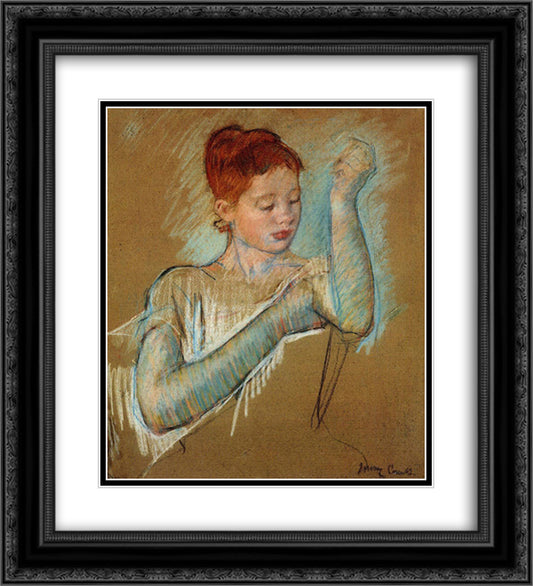 The Long Gloves 20x22 Black Ornate Wood Framed Art Print Poster with Double Matting by Cassatt, Mary