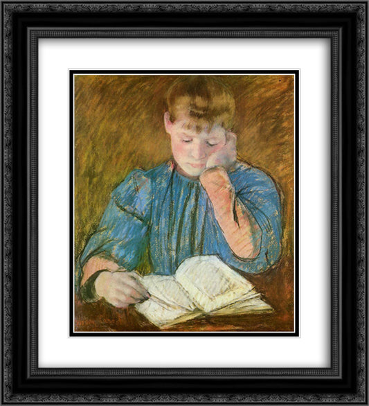 The Pensive Reader 20x22 Black Ornate Wood Framed Art Print Poster with Double Matting by Cassatt, Mary