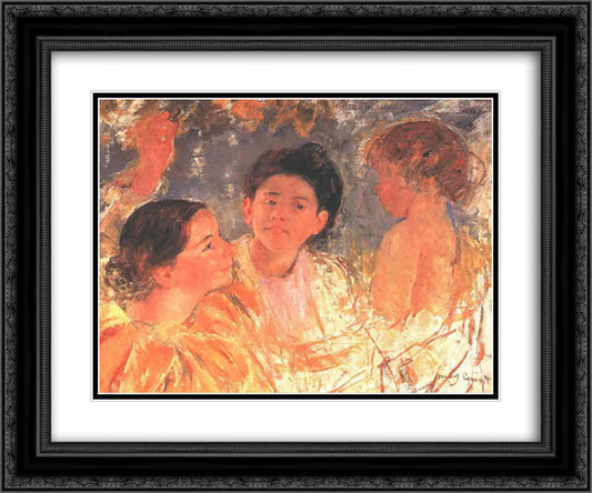 Two Young Girls with a Child 24x20 Black Ornate Wood Framed Art Print Poster with Double Matting by Cassatt, Mary