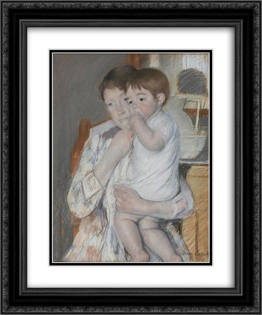 Woman and child in front of a shelf which are placed a jug and basin 20x24 Black Ornate Wood Framed Art Print Poster with Double Matting by Cassatt, Mary