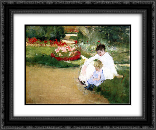 Woman and Child Seated in a Garden 24x20 Black Ornate Wood Framed Art Print Poster with Double Matting by Cassatt, Mary