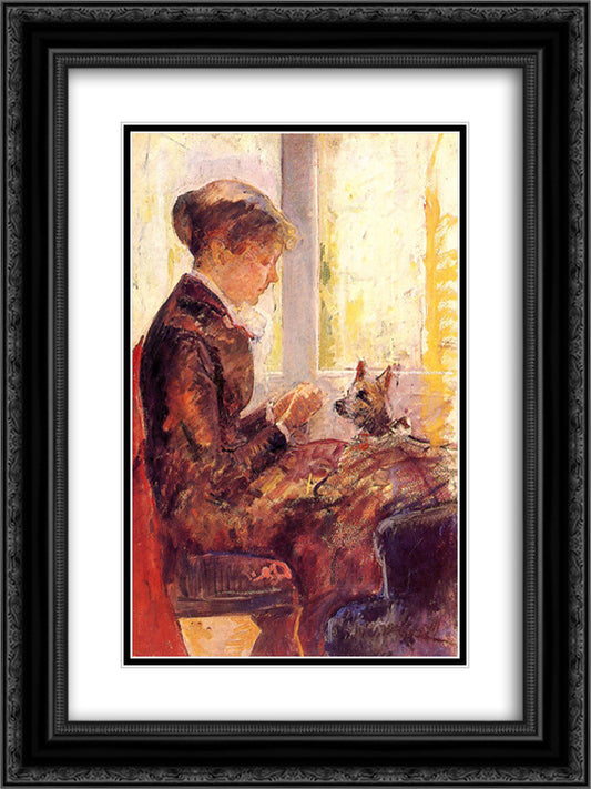 Woman by a Window Feeding Her Dog 18x24 Black Ornate Wood Framed Art Print Poster with Double Matting by Cassatt, Mary