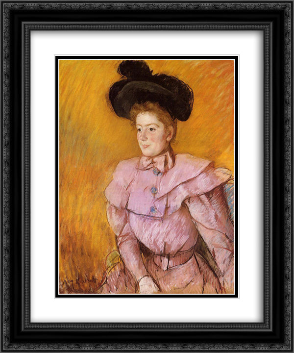 Woman in a Black Hat and a Raspberry Pink Costume 20x24 Black Ornate Wood Framed Art Print Poster with Double Matting by Cassatt, Mary