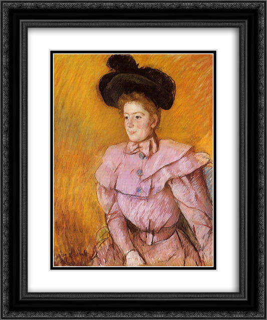 Woman in a Black Hat and a Raspberry Pink Costume 20x24 Black Ornate Wood Framed Art Print Poster with Double Matting by Cassatt, Mary