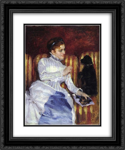 Woman on a Striped with a Dog (also known as Young Woman on a Striped Sofa with Her Dog) 20x24 Black Ornate Wood Framed Art Print Poster with Double Matting by Cassatt, Mary