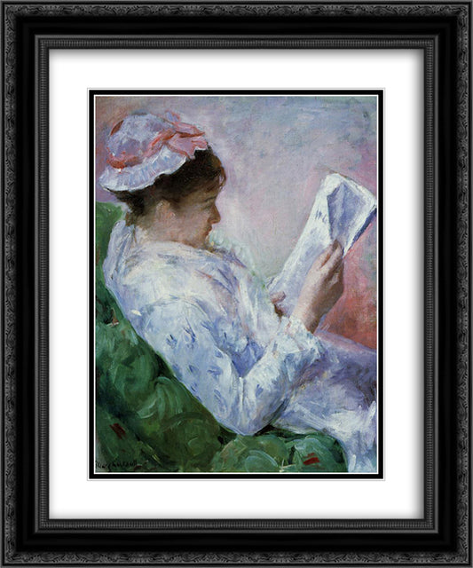 Woman Reading 20x24 Black Ornate Wood Framed Art Print Poster with Double Matting by Cassatt, Mary