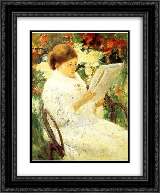 Woman Reading in a Garden 20x24 Black Ornate Wood Framed Art Print Poster with Double Matting by Cassatt, Mary