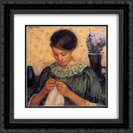 Woman Sewing 20x20 Black Ornate Wood Framed Art Print Poster with Double Matting by Cassatt, Mary