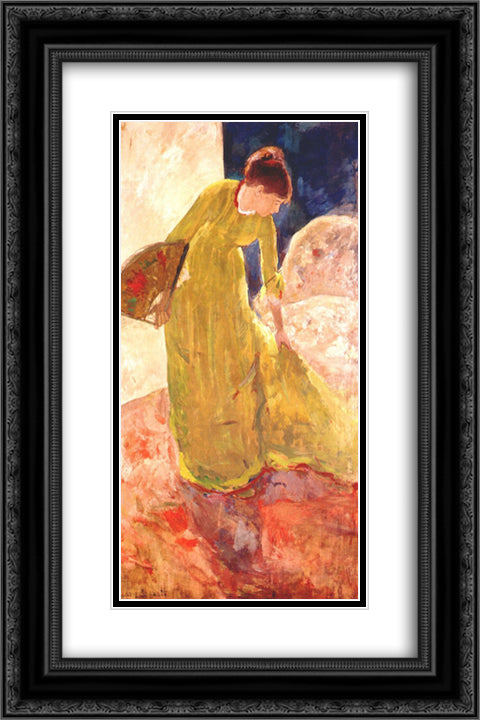 Woman Standing, Holding a Fan 16x24 Black Ornate Wood Framed Art Print Poster with Double Matting by Cassatt, Mary
