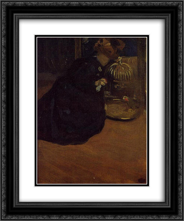 Woman with a Parakeet 20x24 Black Ornate Wood Framed Art Print Poster with Double Matting by Cassatt, Mary