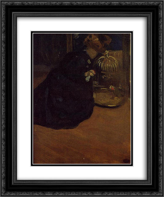 Woman with a Parakeet 20x24 Black Ornate Wood Framed Art Print Poster with Double Matting by Cassatt, Mary