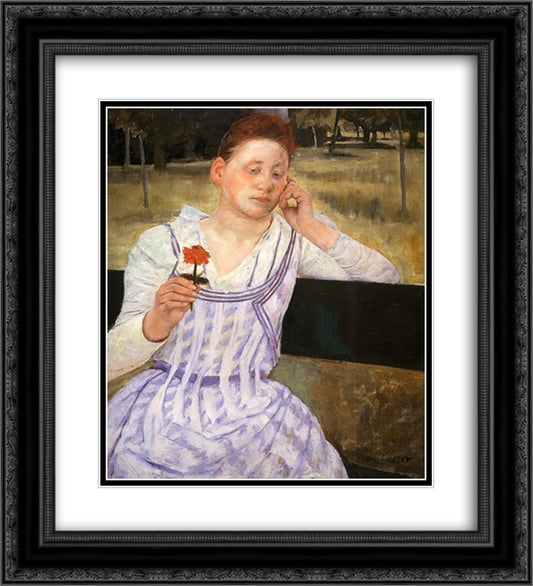 Woman With A Red Zinnia 20x22 Black Ornate Wood Framed Art Print Poster with Double Matting by Cassatt, Mary