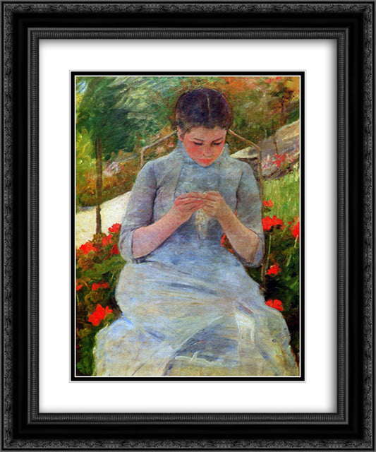 Woman with needlework Sun 20x24 Black Ornate Wood Framed Art Print Poster with Double Matting by Cassatt, Mary